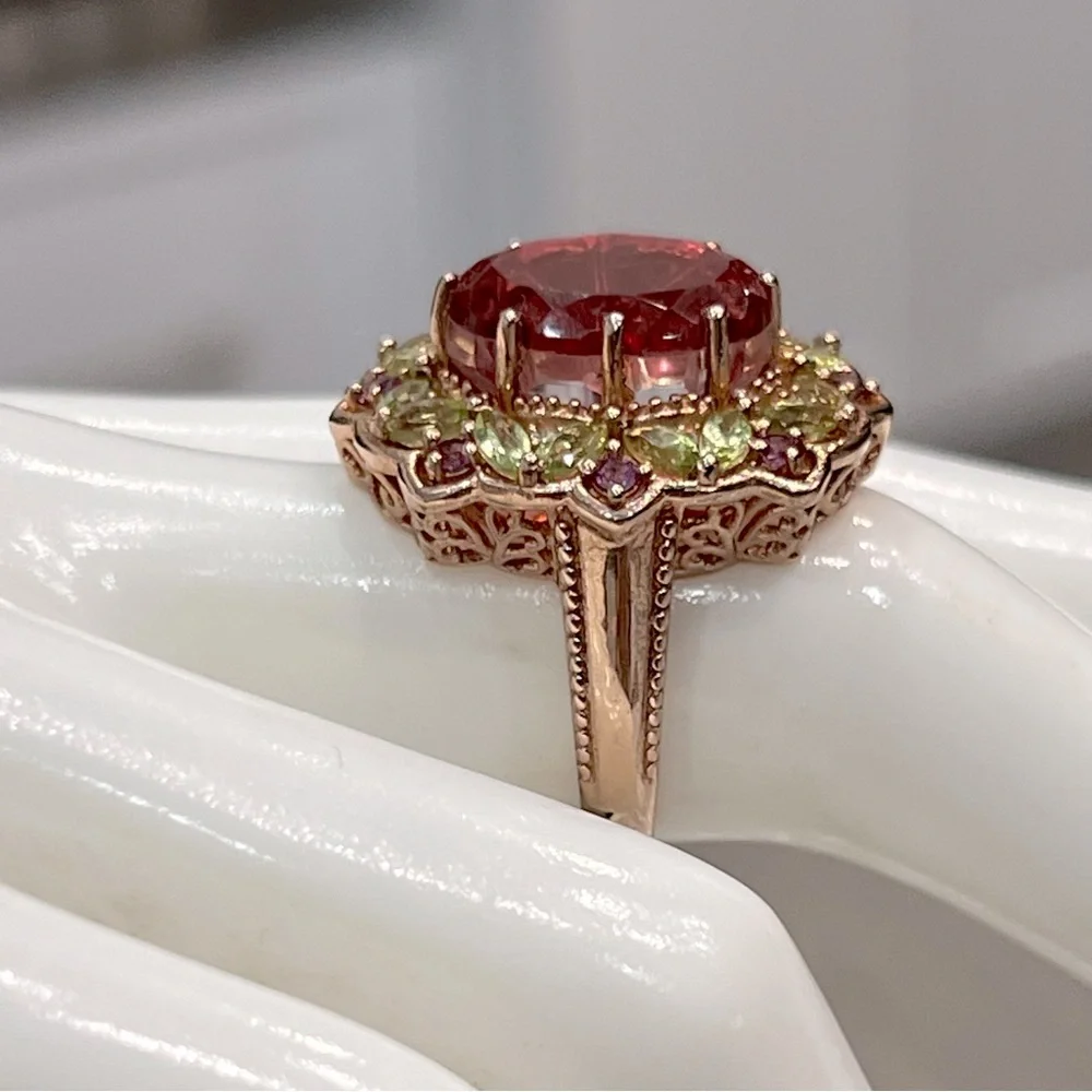 Salmon Quartz Multigemstone 14K RG Sterling Silver Cocktail Statement Ri… - Picture 8 of 10